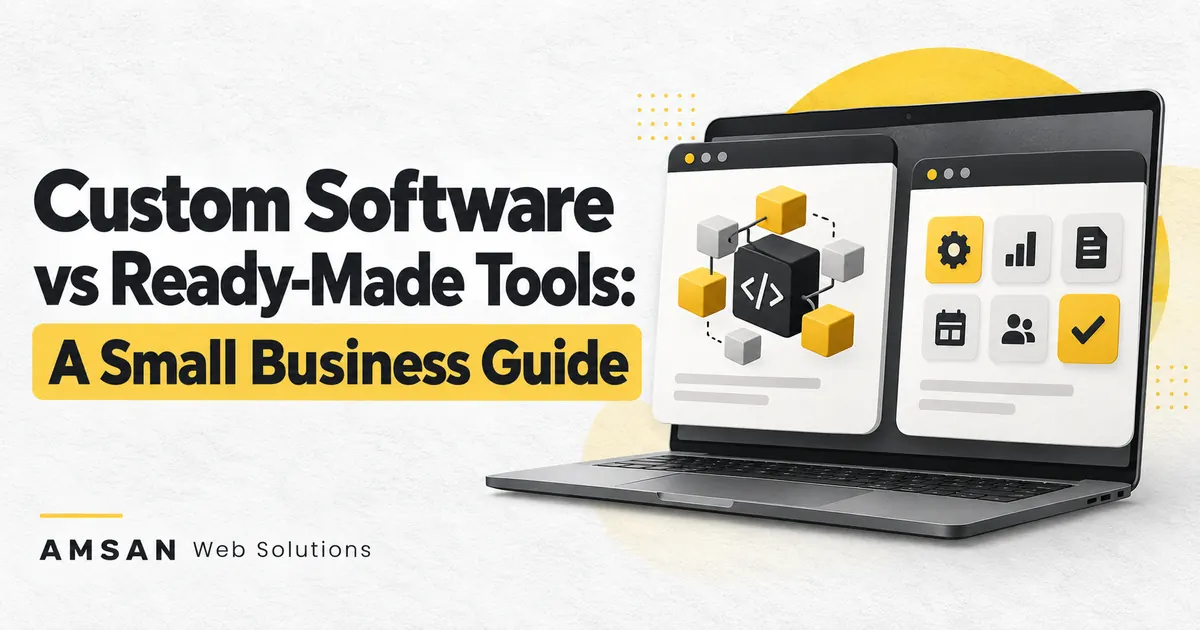 Laptop showing custom software building blocks beside ready-made business application tools.