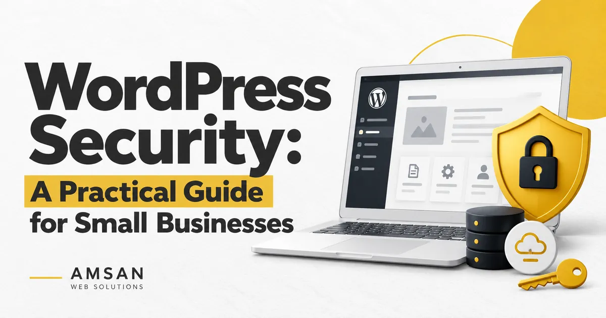 Laptop displaying a WordPress dashboard beside a gold security shield, backup symbol and key.