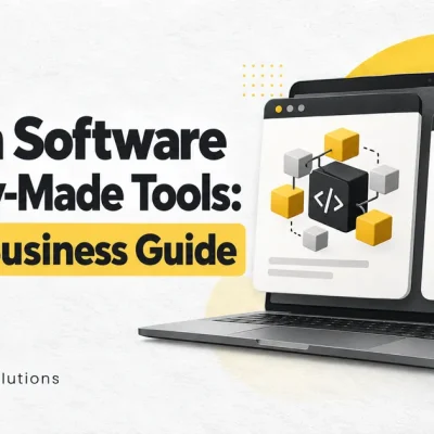 Laptop showing custom software building blocks beside ready-made business application tools.