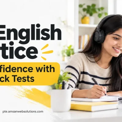 Student wearing headphones while practising English on a laptop and taking notes.